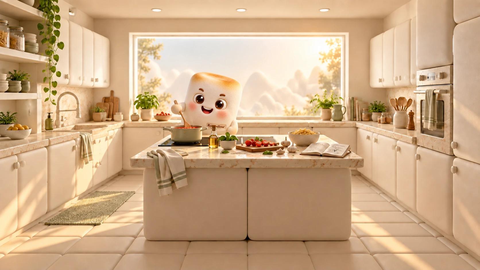 The whole sunlit marshmallow kitchen: Romellow stands behind the island stirring a saucepan, with tomatoes, basil, pasta, and an open recipe notebook on the counter.